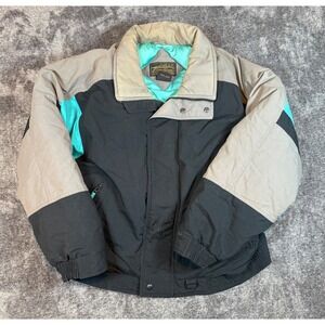 VTG Eddie Bauer Mens XLG Premium Goose Down Ski Jacket Colorblock Teal Black Tan